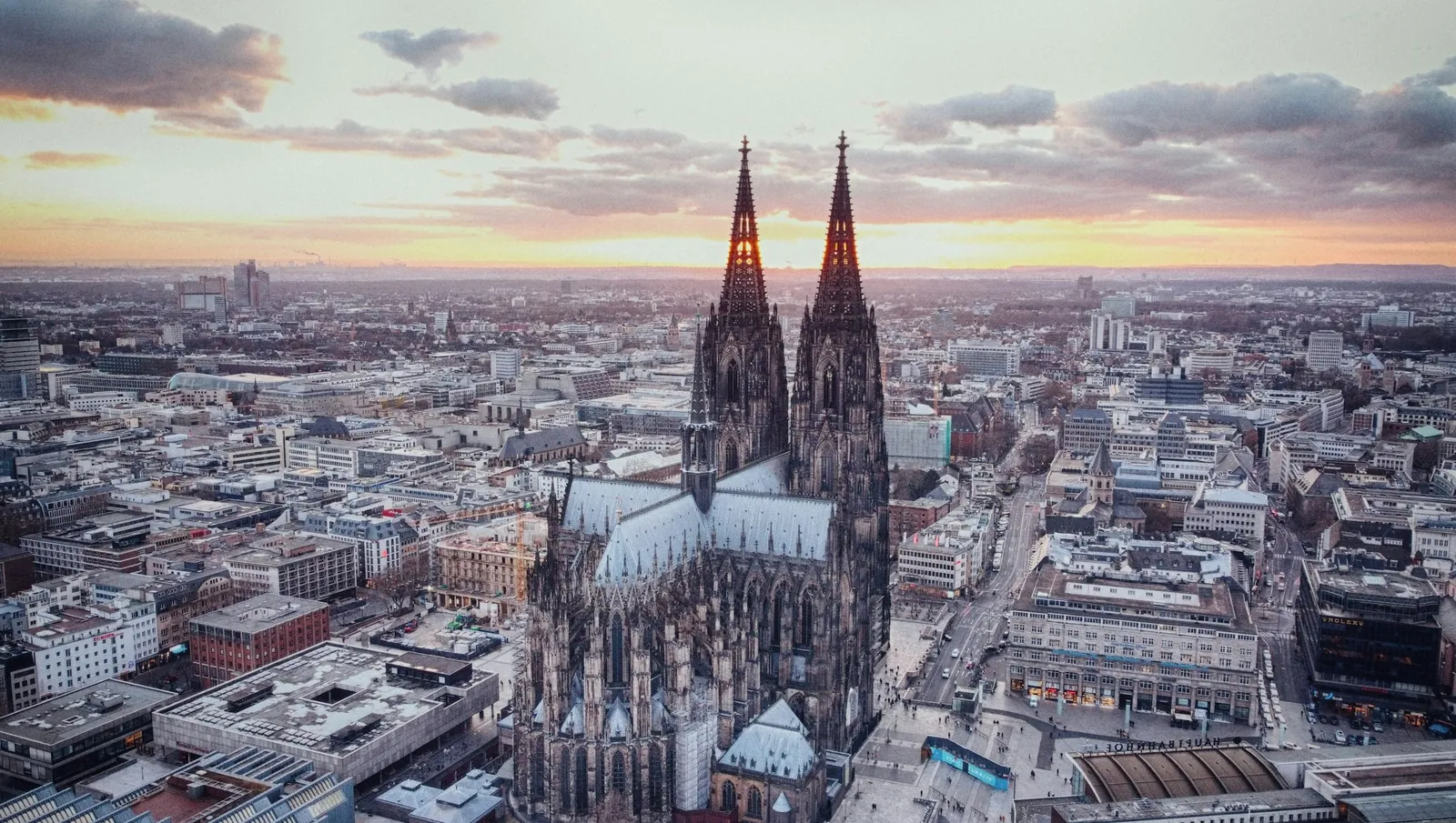 Cologne cathedral above the city at sunset, Germany
